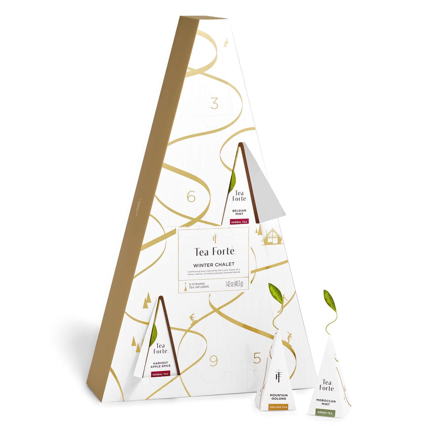 Tea Forte Tea Advent Calendar Gift Set; 12 Individually Wrapped Handcrafted Assorted Pyramid Infuser Tea Bags With Numbered Doors, Winter Chalet