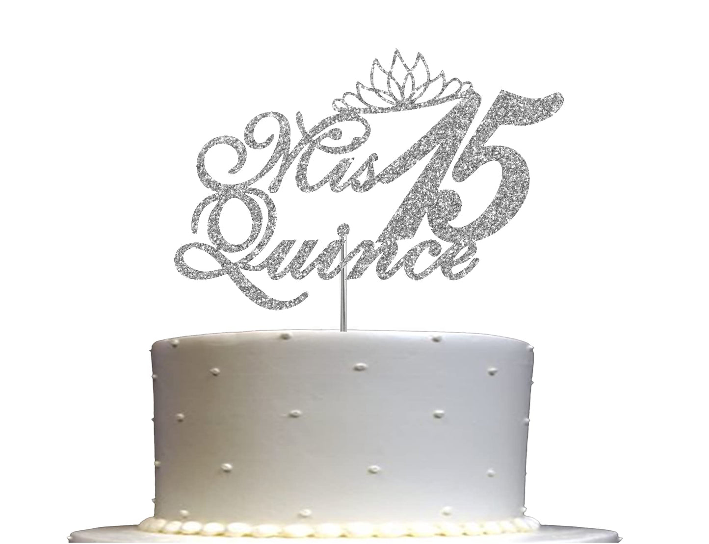 RokAPary Quinceanera Glitter Cake Topper, Acrylic, Double-Sided, Silver, Model RCT171