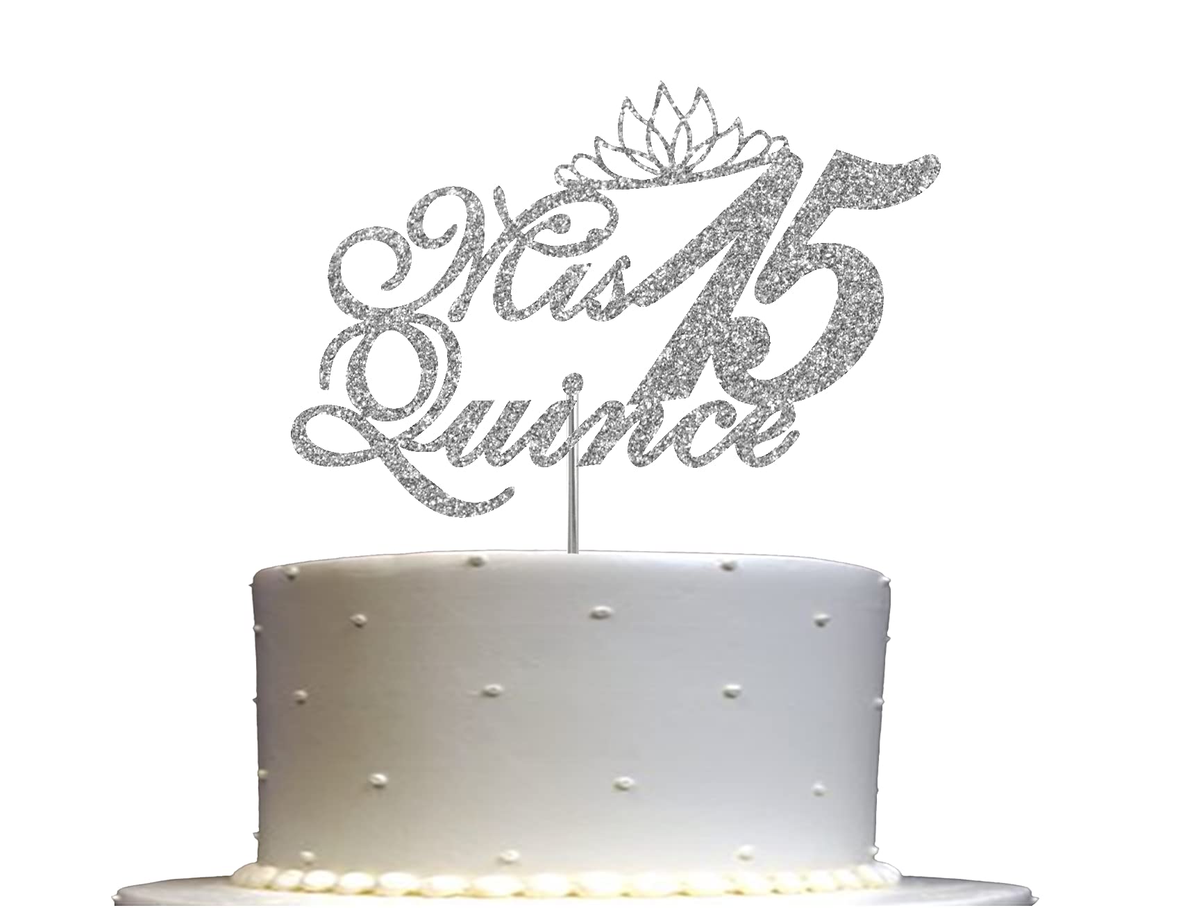 RokAPary Quinceanera Glitter Cake Topper, Acrylic, Double-Sided, Silver, Model RCT171