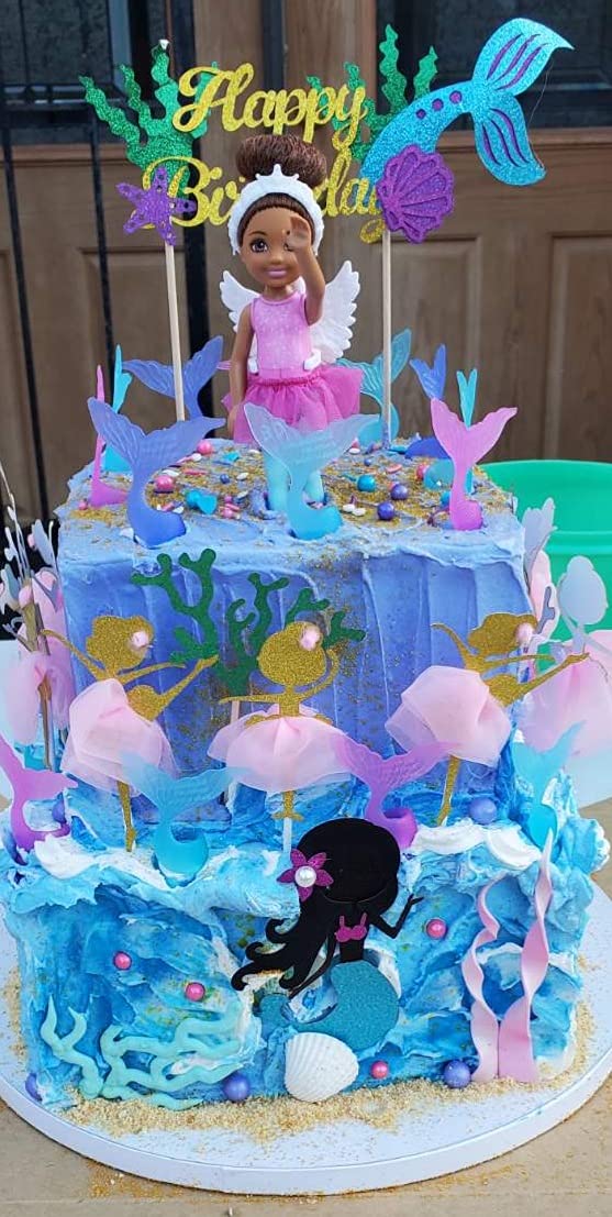Alissar Glitter Mermaid Theme Birthday Cake Topper With Seaweed And Mermaid, Cake Cupcake Toppers For Girls Mermaid Themed Birth