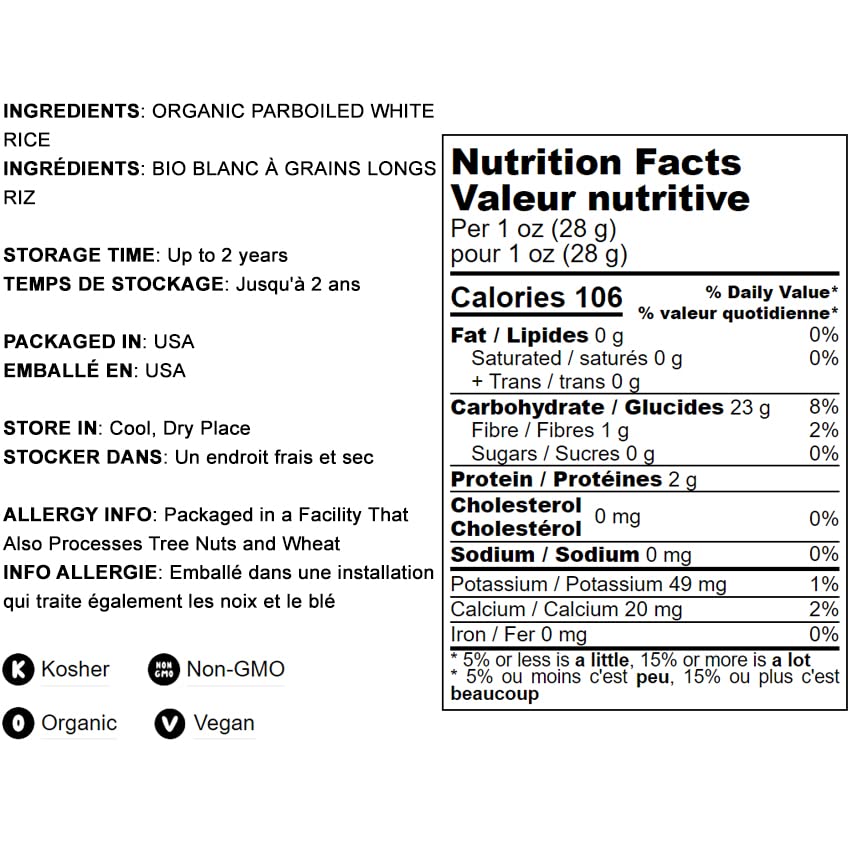 Organic Parboiled Long Grain White Rice, 10 Pounds - Non-Gmo, Kosher, Vegan, Bulk. Partially Precooked Converted Rice. Easy-Cook