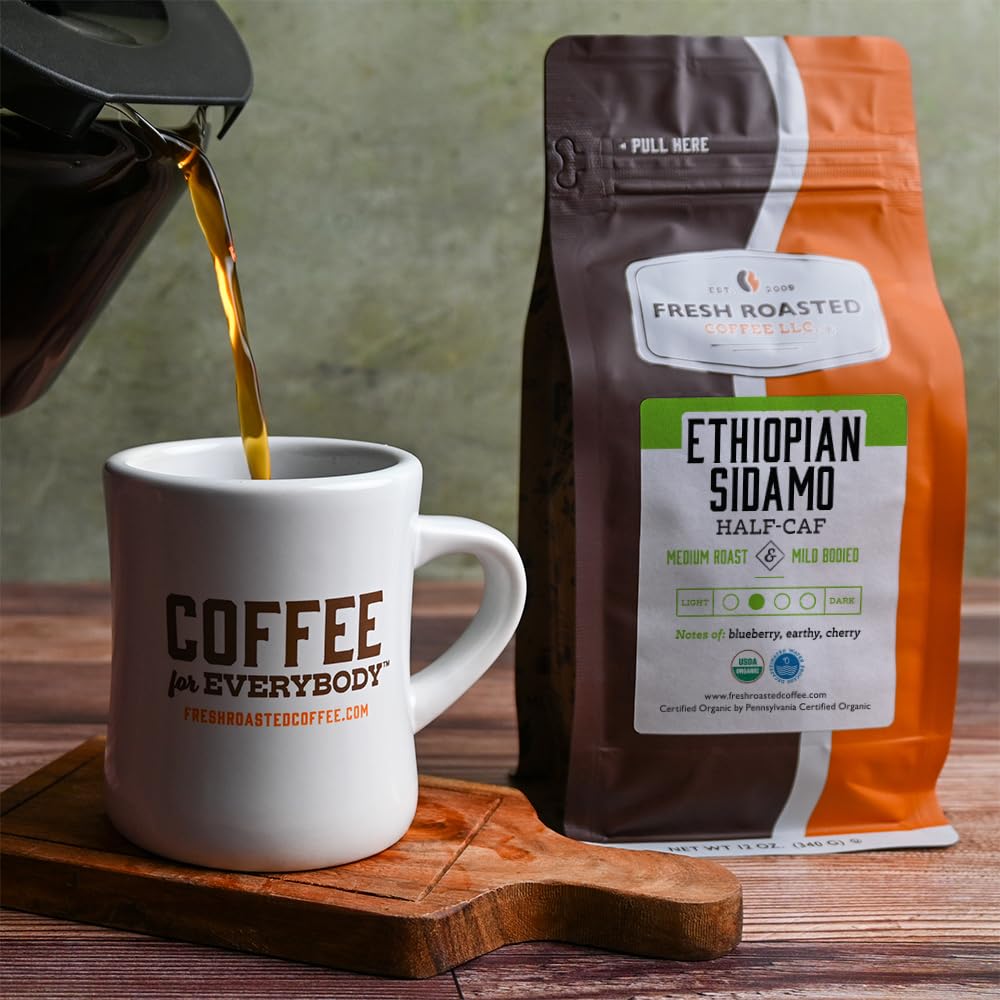 Fresh Roasted Coffee Organic Ethiopian Sidamo Half-Caf, Medium Roast, 12 oz Whole Bean, USDA Organic, Kosher