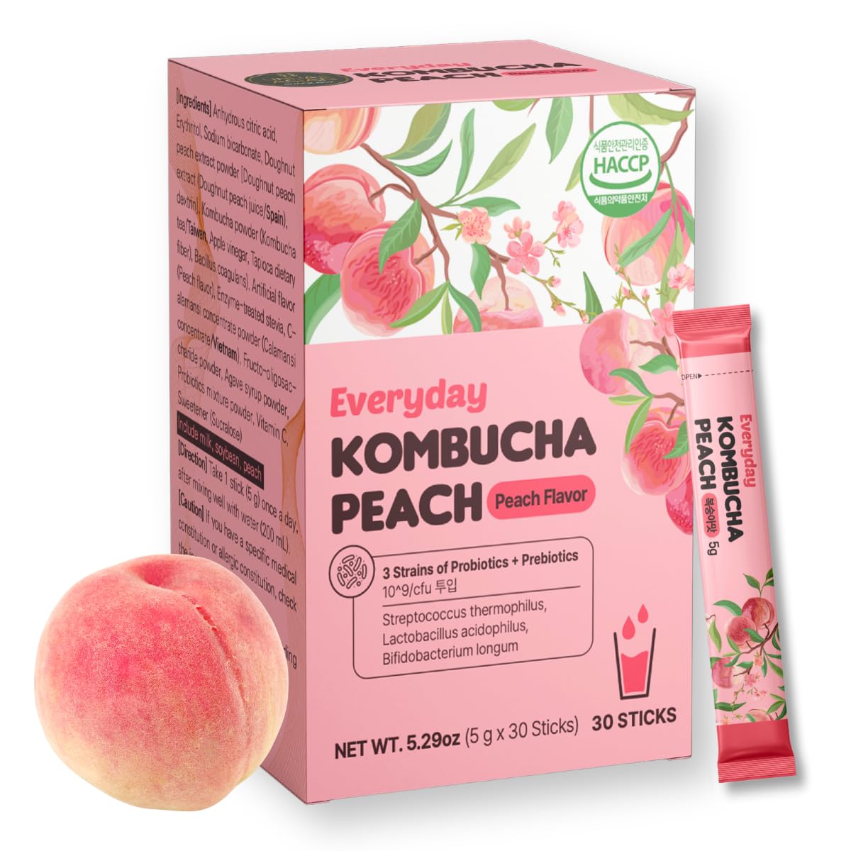 Everyday Kombucha Tea, Powder Probiotics, Prebiotics, Sugar-Free, Black Tea, Healthy Drink - Peach Flavor (Peach 30 Pack)