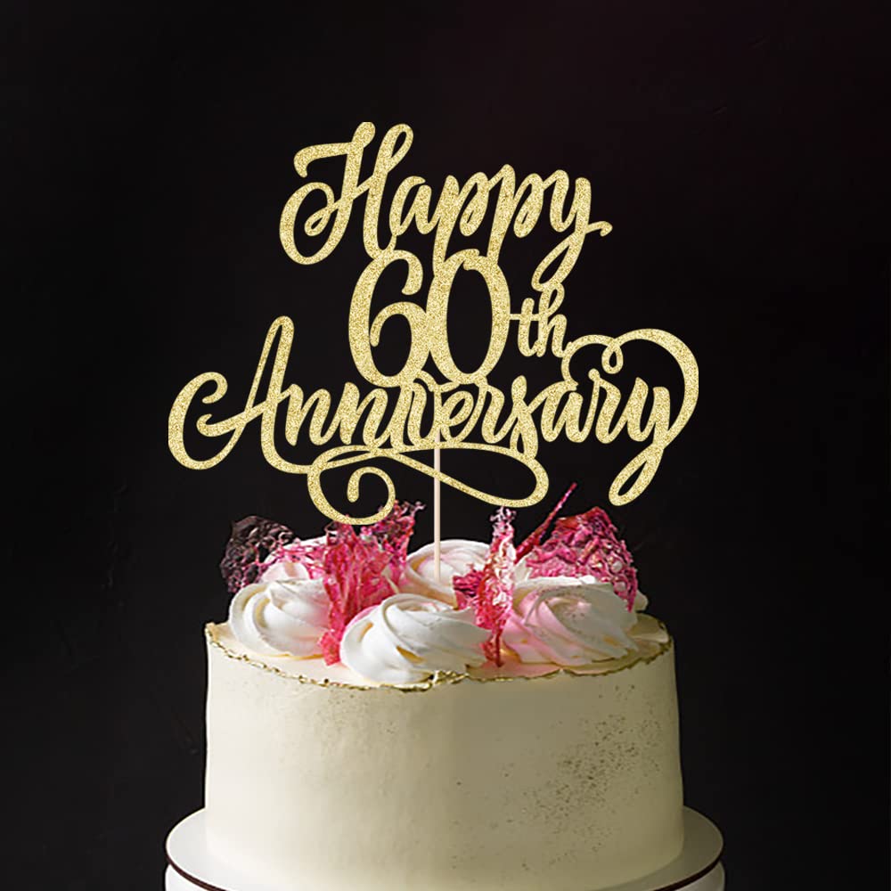 Arokippry Golden Glitter Happy 60Th Anniversary Cake Topper - 60Th Wedding/Company/Birthday Party Decoration