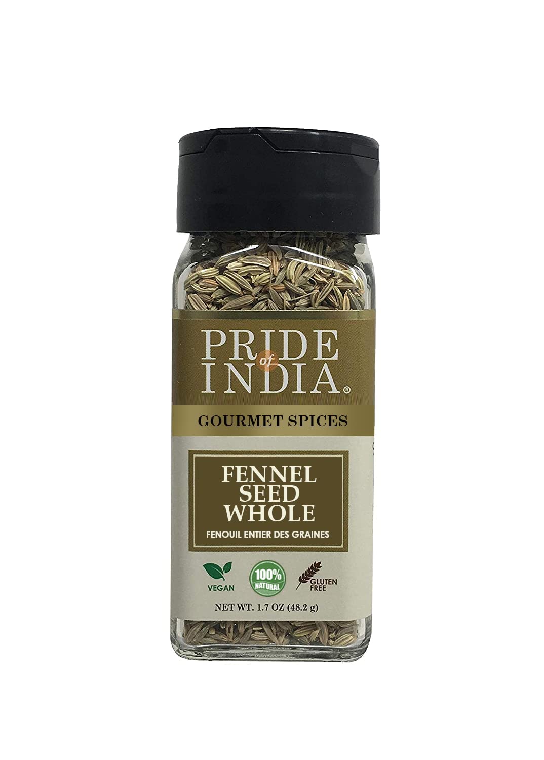 Pride Of India – Fennel Seed Whole – Gourmet Spice – Fresh & Aromatic – Mouth Freshener – Gmo/Gluten Free – Flavoring For Bakes, Meat & More – Easy To Use – 1.7 Oz. Small Dual Sifter Bottle