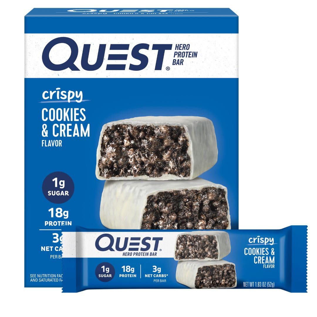 Quest Nutrition Crispy Cookies & Cream Hero Protein Bar  18g Protein  1g Sugar  3g Net Carb  Gluten Free  Protein Snack  Keto Friendly  4 Count