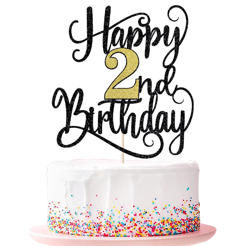 Happy 2Th Birthday Cake Topper, 2 Birthday Party Cake Decorations (Black And Gold Flashes, 2Nd)
