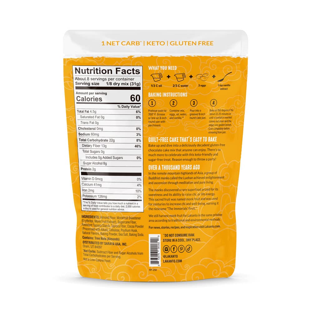 Lakanto Sugar Free Keto Cake Mix - Sweetened With Monk Fruit, Gluten Free, 1 Net Carb, Keto Diet Friendly, Delicious - Chocolate