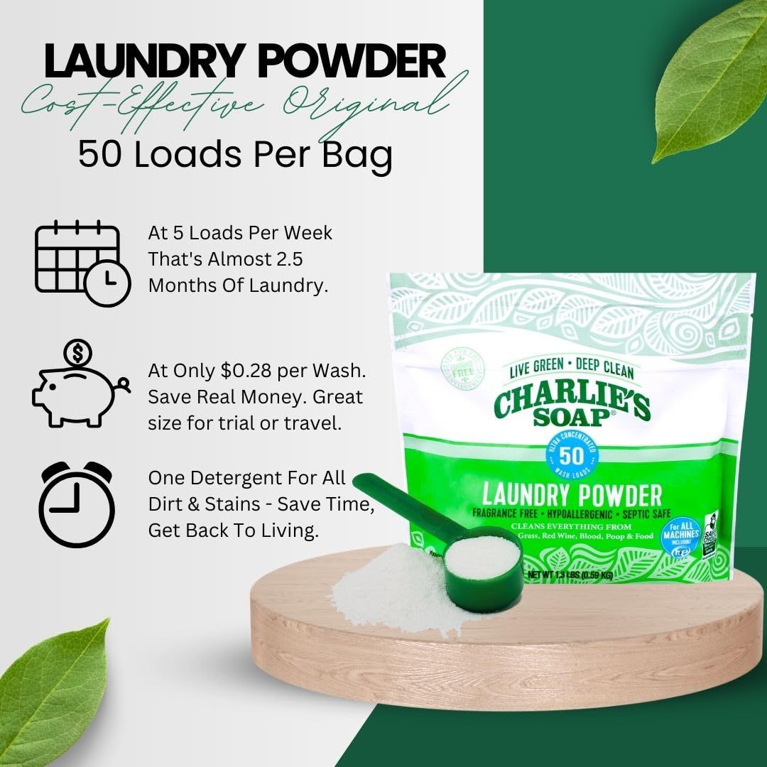 Charlieas Soap Laundry Powder (50 Loads, 1 Pack) Hypoallergenic Deep Cleaning Washing Powder Detergent - Eco-Friendly, Safe, And