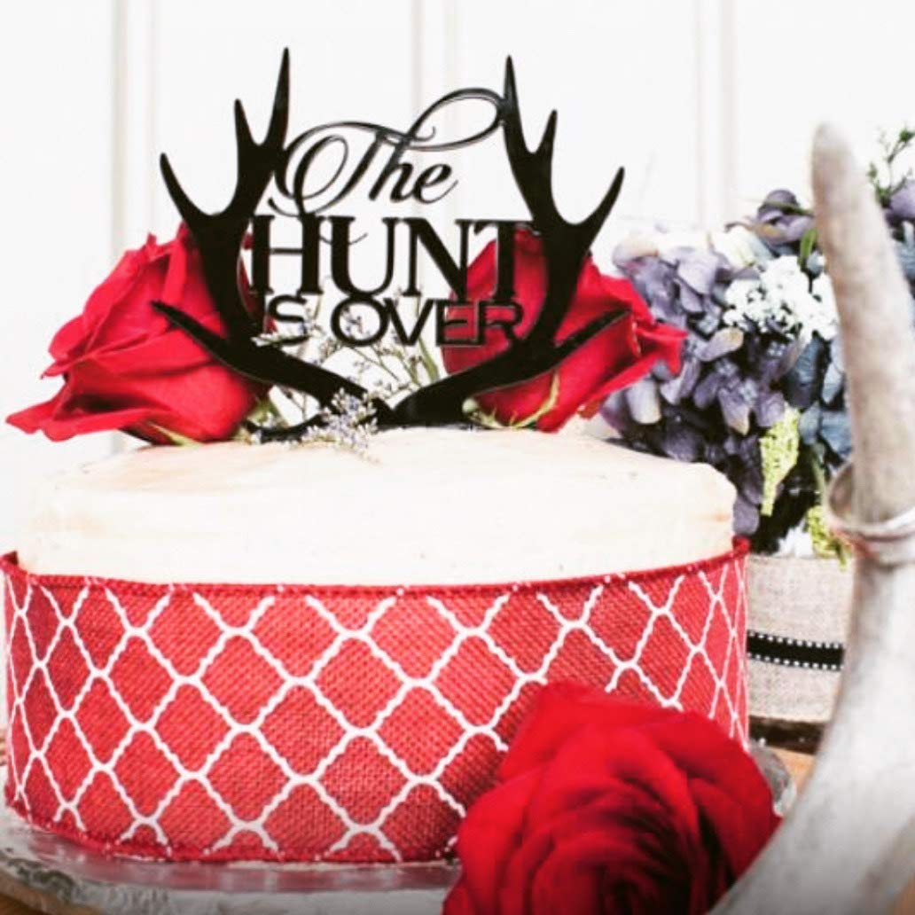 Happyplywood The Hunt Is Over Cake Topper For Wedding, Hunting Themed Wedding, Cake Topper Antler, Bride Grooms Cake Toppers, Ru
