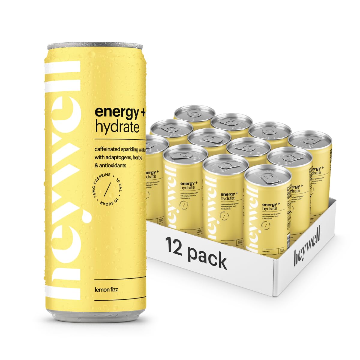 Heywell Sparkling Adaptogenic Water Energy And Focus, Lemon Fizz Flavor 12 Fluid Ounce (Pack Of 12) - Caffeinated, Organic, Non