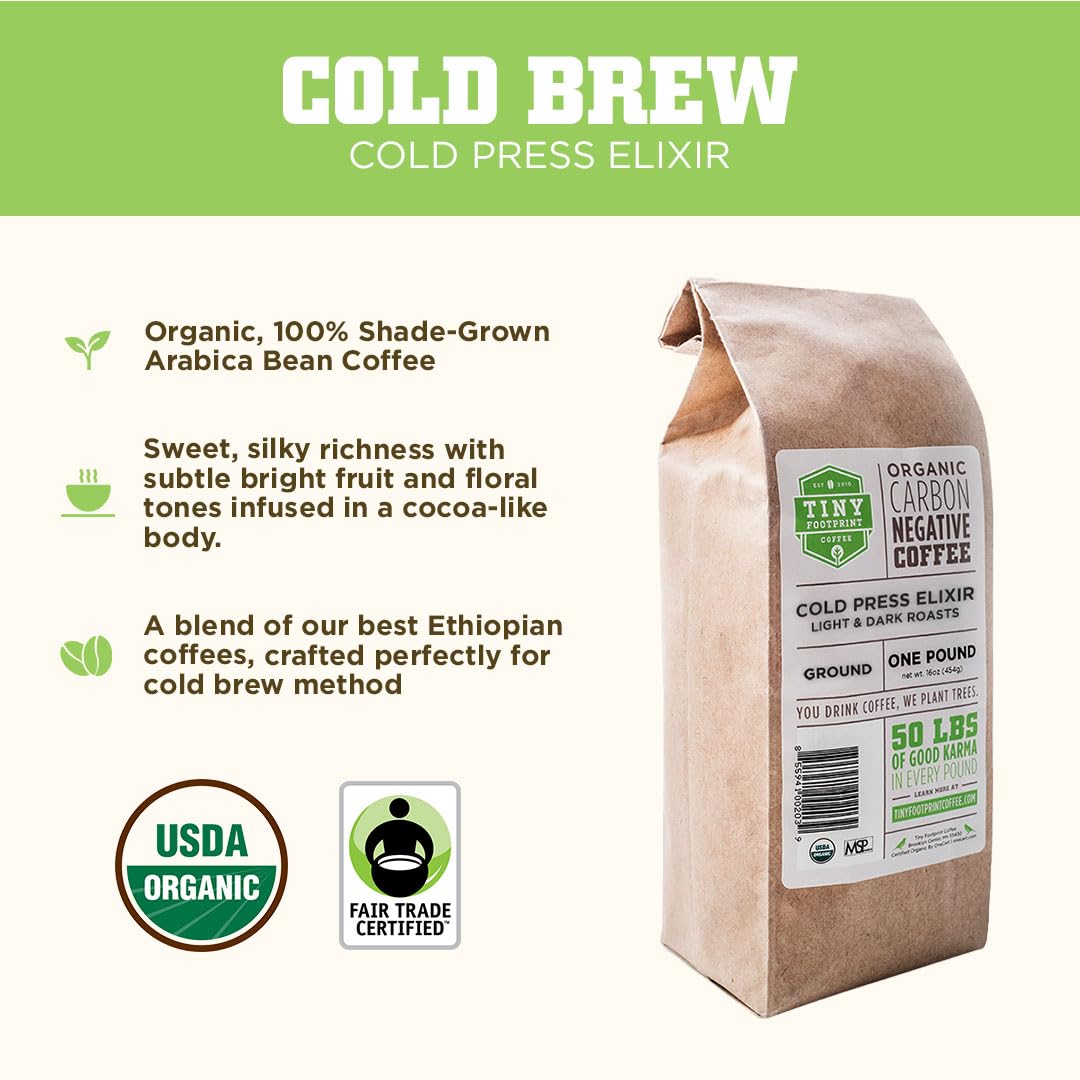 Tiny Footprint Coffee - Organic Cold Brew & Press Elixir | Blend of Light & Dark Roasts | Shade-Gown Ground Coffee, Carbon Negat