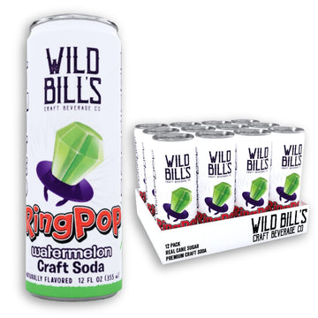 Wild Bills Watermelon Ring Pop Craft Soda - Pure Cane Sugar, Caffeine Free, Vegan, Gluten Free - 12 Oz Cans, 12 Pack