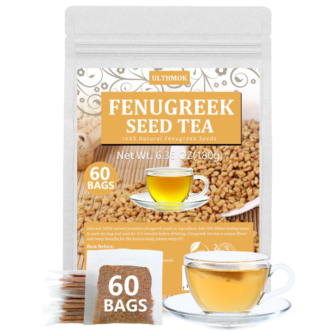 ULTHMOK Premium Fenugreek Tea Bags, 100% Natural, Caffeine Free, 60 Count Pack