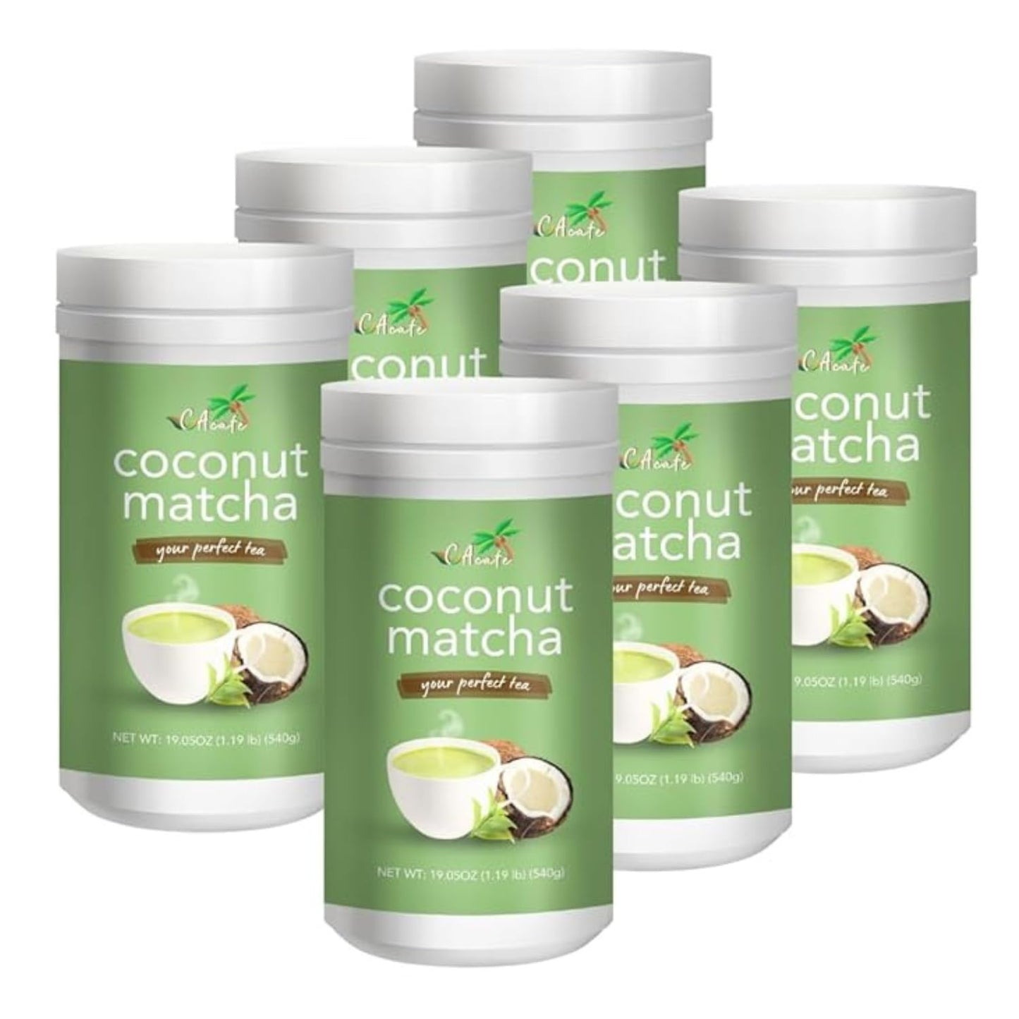 CAcafe Coconut Matcha Instant Green Tea Latte Mix - Creamy & Sweet - 6 Pack - Reduced Sugar - Non-GMO - No Artificial Flavors