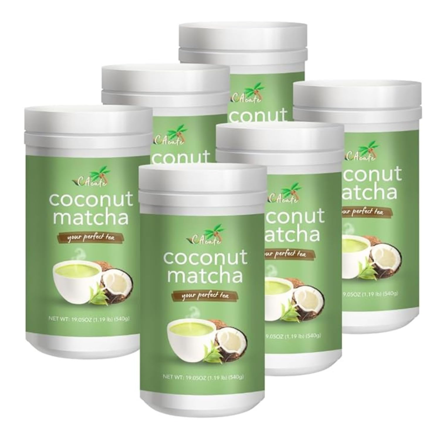 CAcafe Coconut Matcha Instant Green Tea Latte Mix - Creamy & Sweet - 6 Pack - Reduced Sugar - Non-GMO - No Artificial Flavors