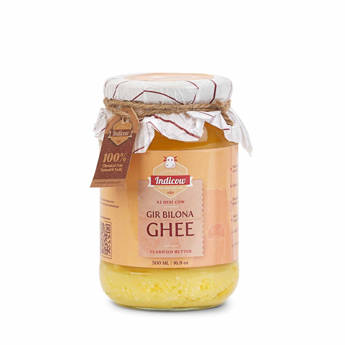 Indicow A2 Desi Cow Ghee, Grass Fed Clarified Butter, 500ml (16.91oz), Gir Cow Ghee, Non-GMO, Keto, Paleo, Lactose Free