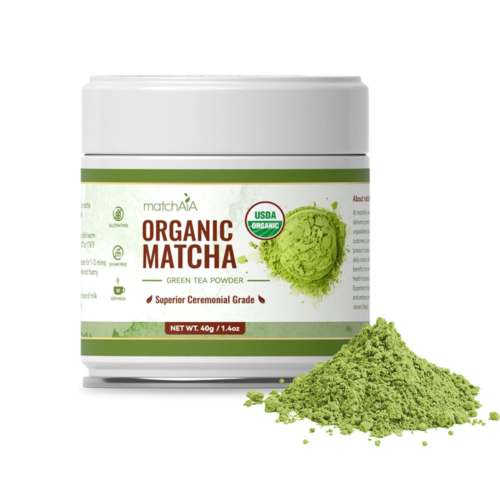 MatchAiA Organic Ceremonial Matcha Green Tea Powder, First Spring Harvest, USDA Certified, 40g Tin, Sugar Free, Gluten Free