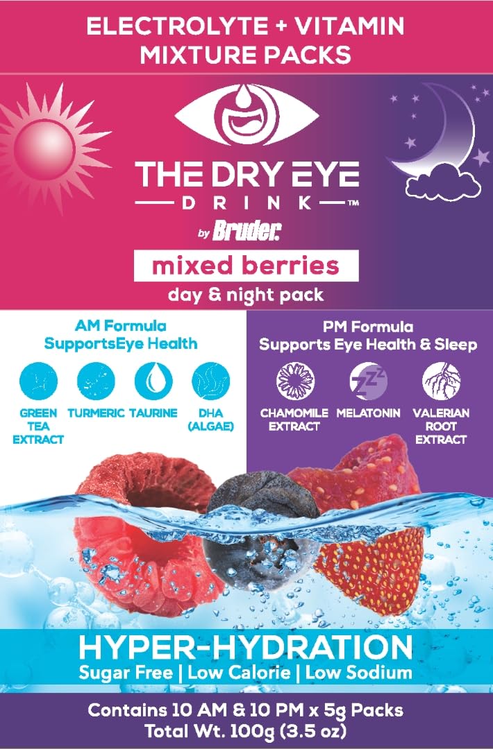 The Dry Eye Drink L Ultimate Hydration For Dry Eyes L Sugar-Free Electrolyte Powder Packets L Blended With Vitamins, Green Tea, Turmeric, Taurine, And Dha L 5G X 20 Packets (Mixed Berry Am/Pm)