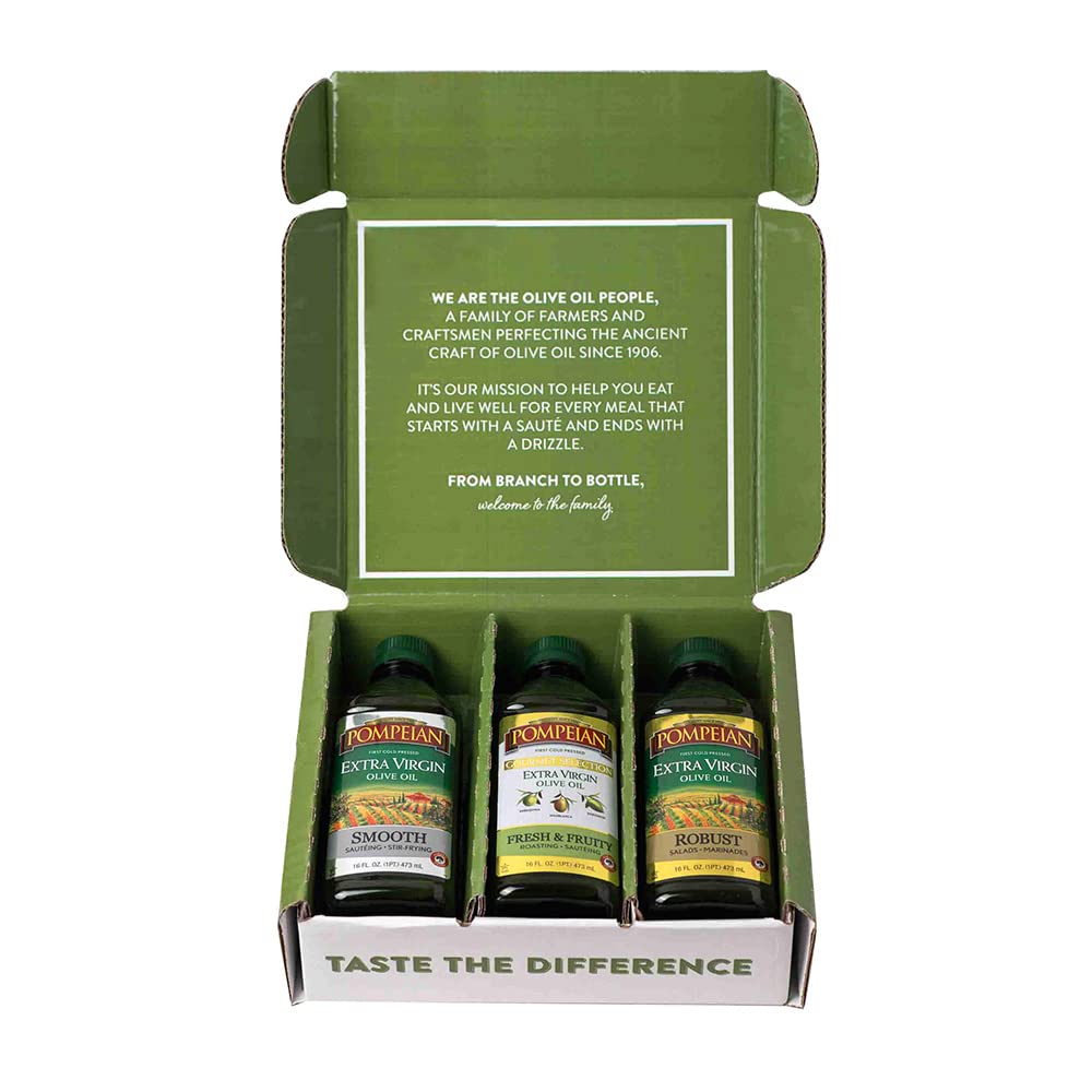 Pompeian Extra Virgin Olive Oil Variety Pack - Smooth EVOO, Gourmet Selection EVOO, Robust EVOO, Contains Polyphenols, First Col