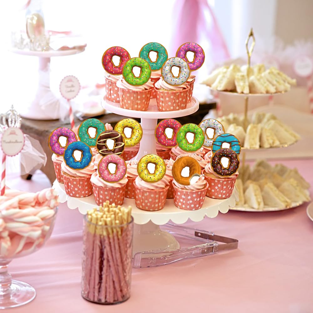 Fyeoxle 36Pcs Edible Donut Cupcake Toppers Wafer Paper Sweet Donuts Cupcake Picks Edible Donut Party Cupcake Decorations For Swe