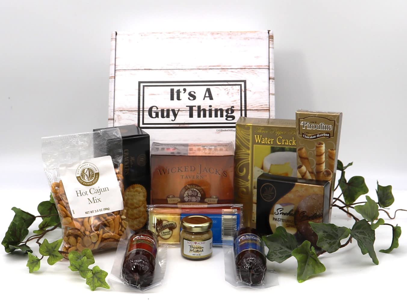 Gift Basket Village Gourmet Food Gift Basket for Men, 8 Piece Set, Cheese, Sausage, Crackers, Sweets, White/Brown
