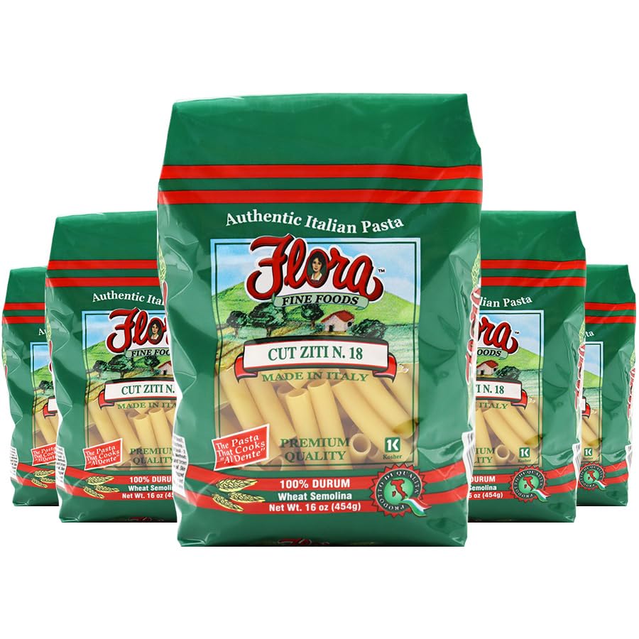 Flora Fine Foods Cut Ziti Pasta, Authentic Italian, 100% Durum Wheat Semolina, 16oz (Pack of 5)