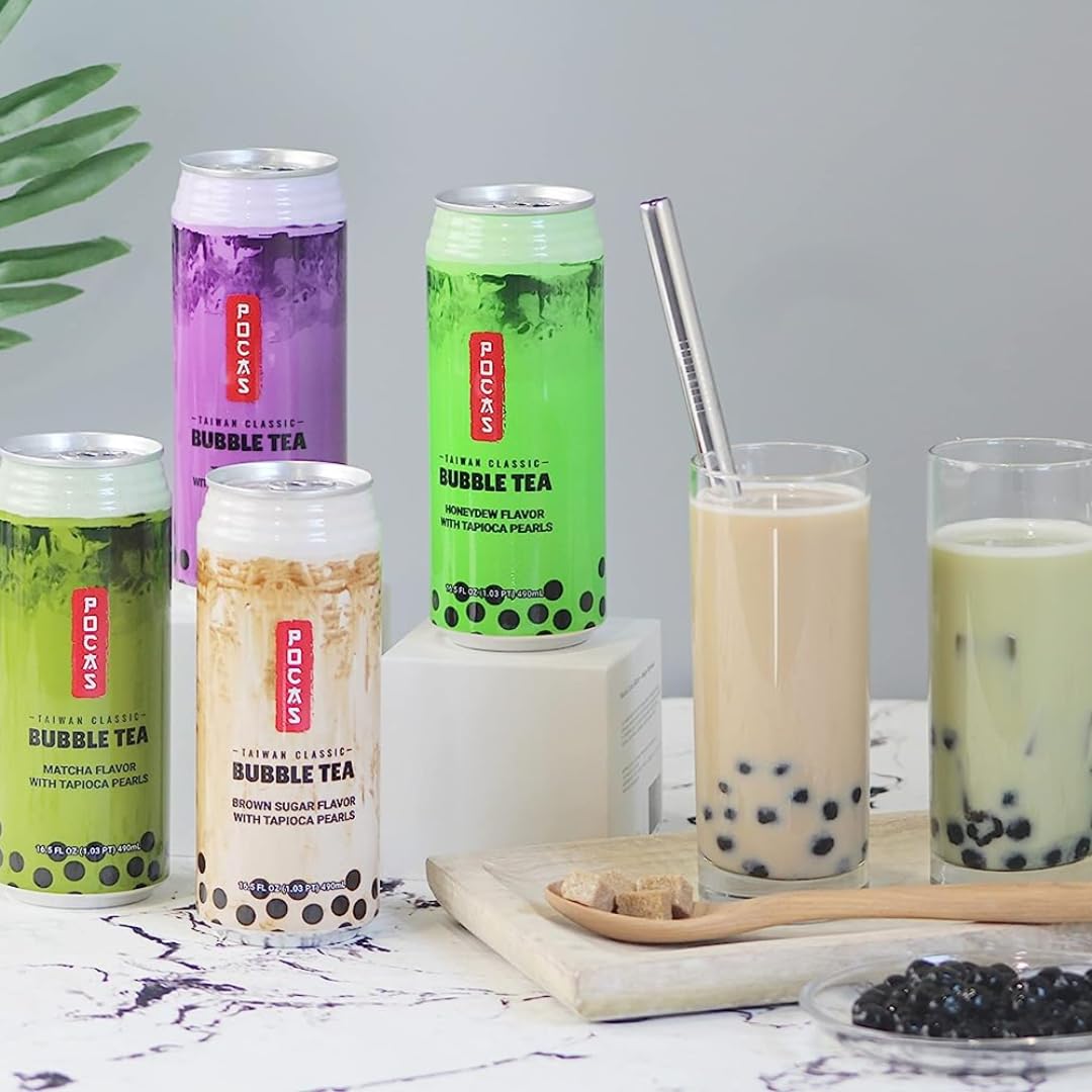 Pocas Bubble Tea with Tapioca Pearls, (Pack of 4, 16.5 oz), Asian Drinks, Refreshing Milk Tea with Boba Pearls (Honeydew)