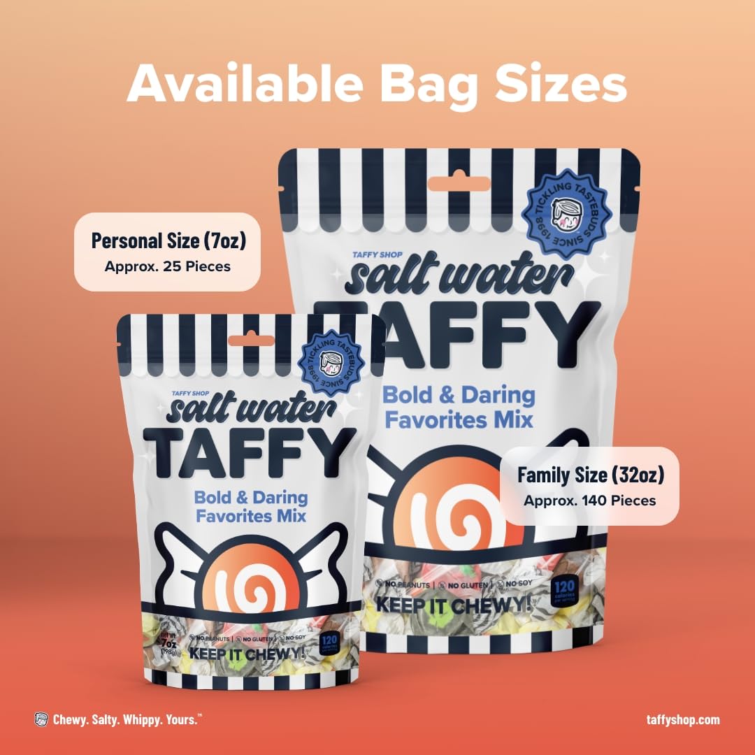 Taffy Shop Bold and Daring Favorites, Salt Water Taffy - Assorted Gourmet Soft Chewy Candy, Variety Pack, Bulk Sweet Snack, Fres