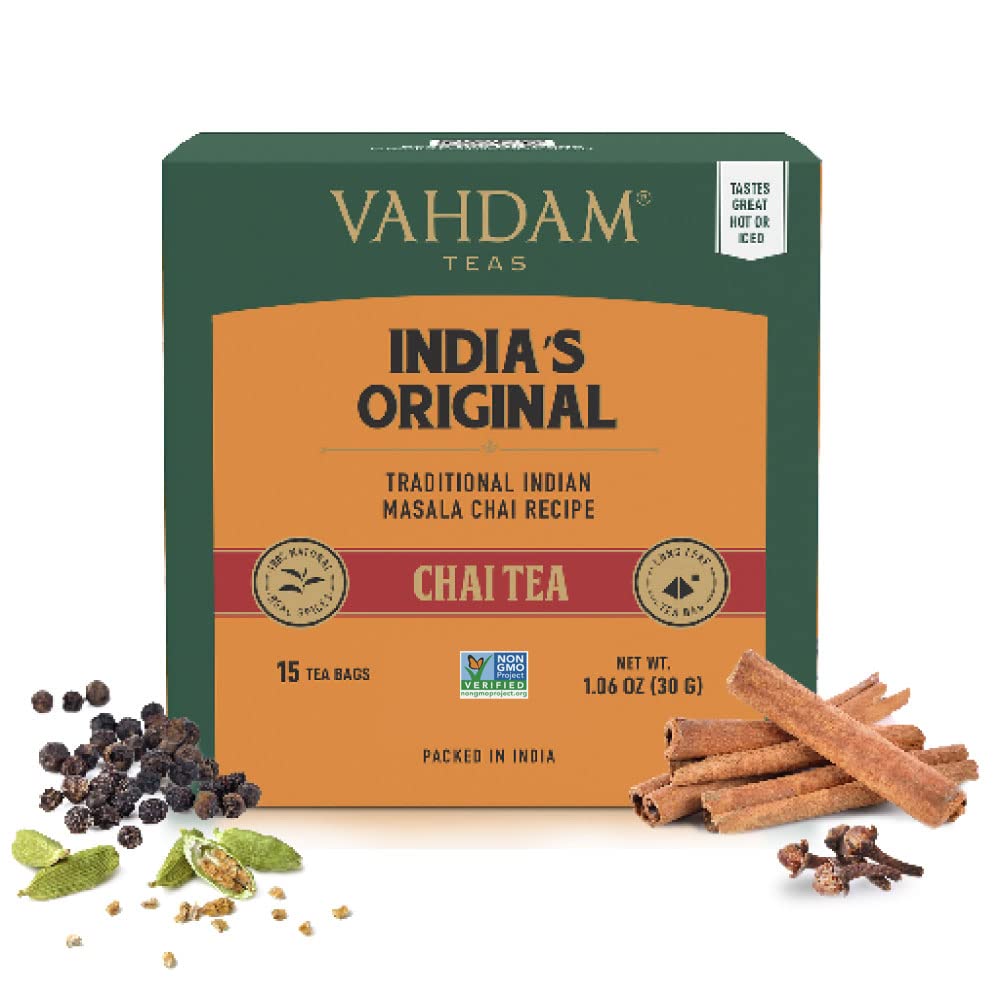 Vahdam, Indias Original Masala Chai Tea Bags (15 Count) Non Gmo, Gluten Free, No Added Flavoring | Blended W/Savory Exotic Spices | Individually Wrapped Pyramid Tea Bags | Direct From Source