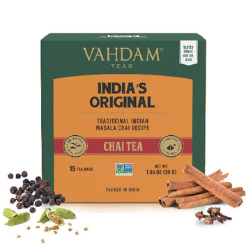 Vahdam, Indias Original Masala Chai Tea Bags (15 Count) Non Gmo, Gluten Free, No Added Flavoring | Blended W/Savory Exotic Spices | Individually Wrapped Pyramid Tea Bags | Direct From Source