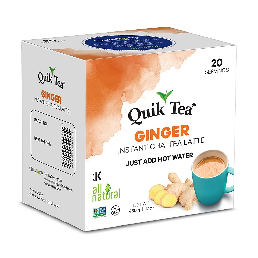 QuikTea Ginger Instant Chai Tea Latte - 20 Count Single Box - All Natural & Preservative Free
