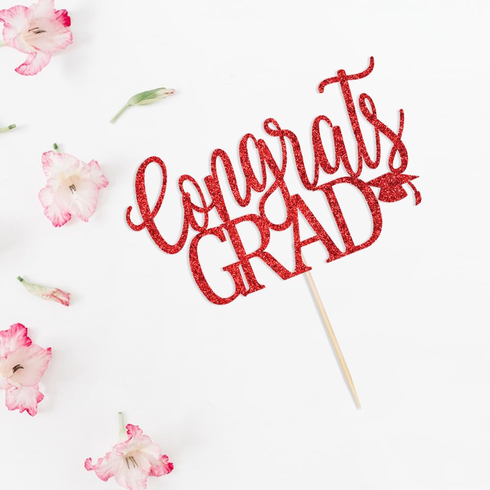 LVEUD Congrats Grad Cake Topper, Red Cardboard Graduation Decoration for 2025 Party