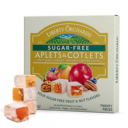 Liberty Orchards Sugar Free Aplets & Cotlets - Vegan Gourmet Snack Sugar Free Turkish Delight Candy Gift Box 8 Oz.