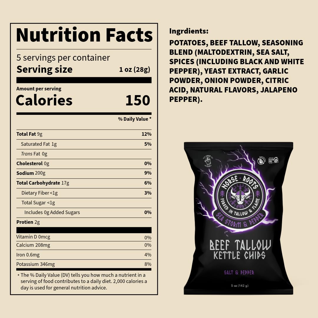 Norse Roots Beef Tallow Kettle Chips Variety Pack - 6 Flavors (Sea Salt  Honey BBQ  Rosemary Steak  Cheddar & Sour Cream  Spicy All Seasoned  Salt & Pepper) - Seed Oil Free  Gluten Free  6 Pack  5 oz Bags