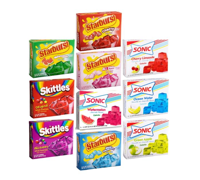 Gelatin Variety Pack of 10 - Sonic, Skittles, and Starburst Jello Mix- 10 Flavors of Flavored Gelatin Powder- with Recipe Cards