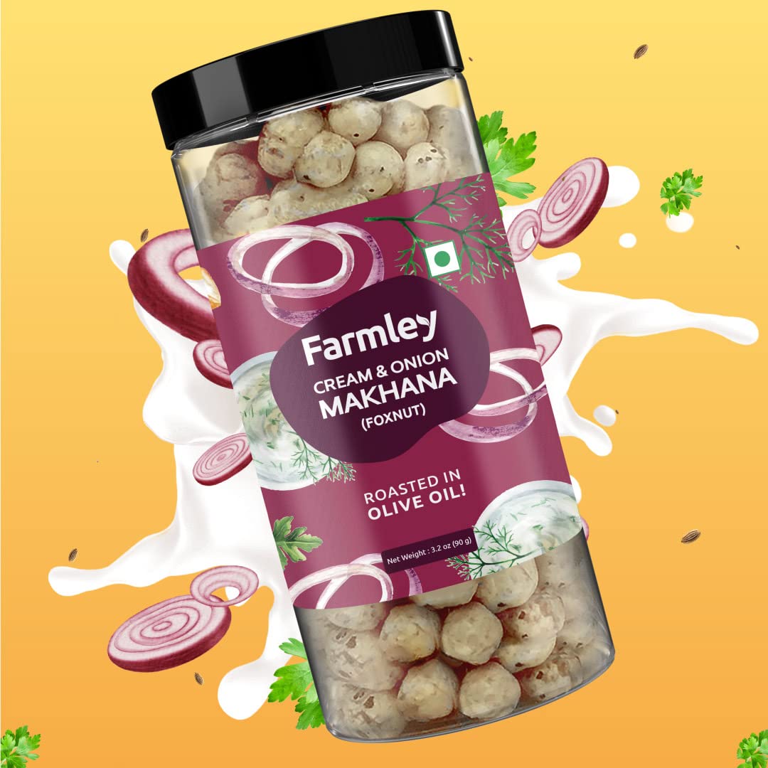 Farmley Makhana Snacks | Gluten Free Roasted Crisps | High Protein & Fiber | Cream & Onion Flavor | 3.2 Oz (Pack of 1)