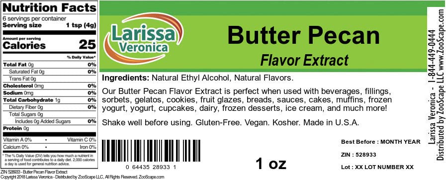 Larissa Veronica Butter Pecan Flavor Extract, 1 oz, Pack of 1