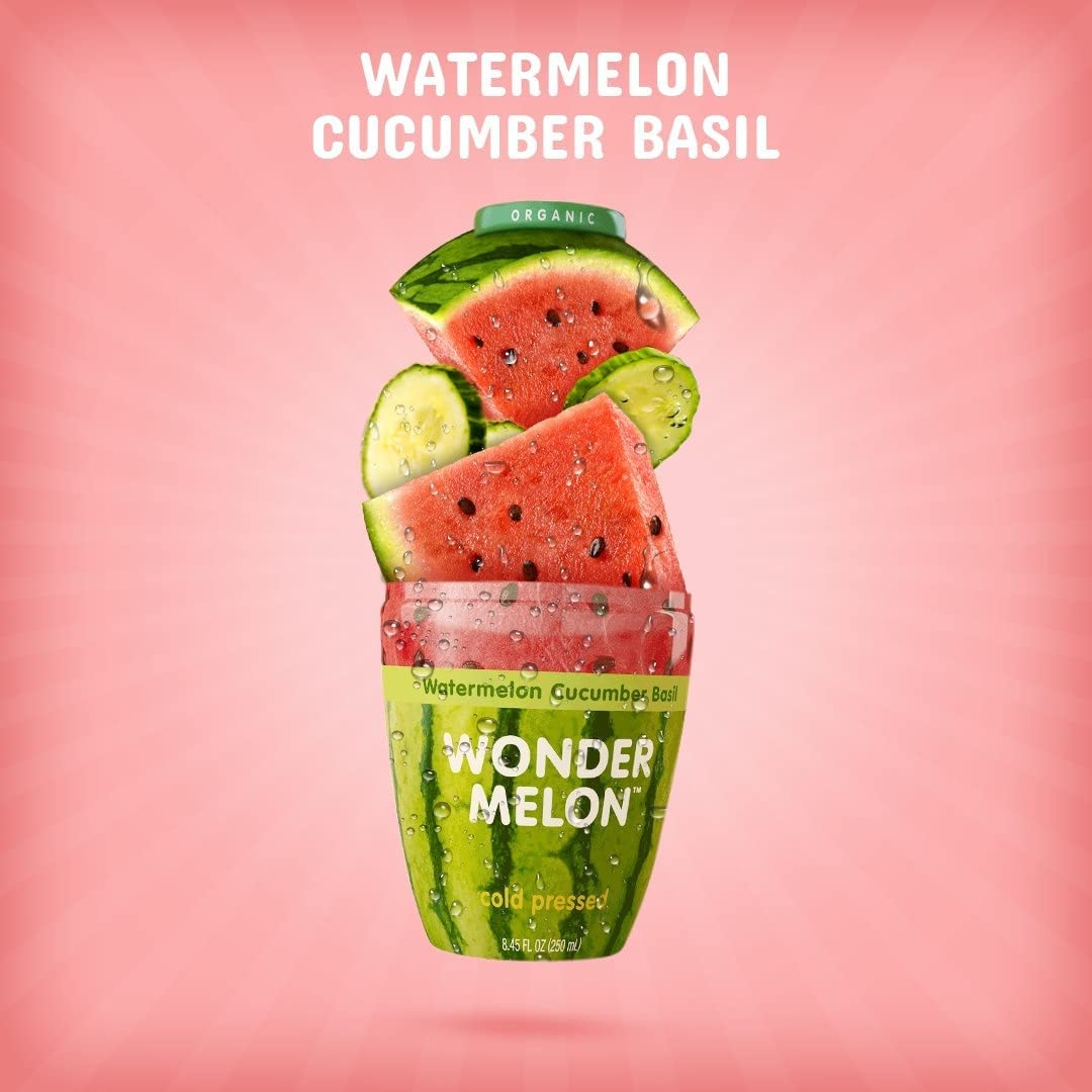 Wonder Melon Organic Watermelon Juice With Cucumber & Basil, 8.45Oz (6 Pack) 100% Juice, Cold Pressed
