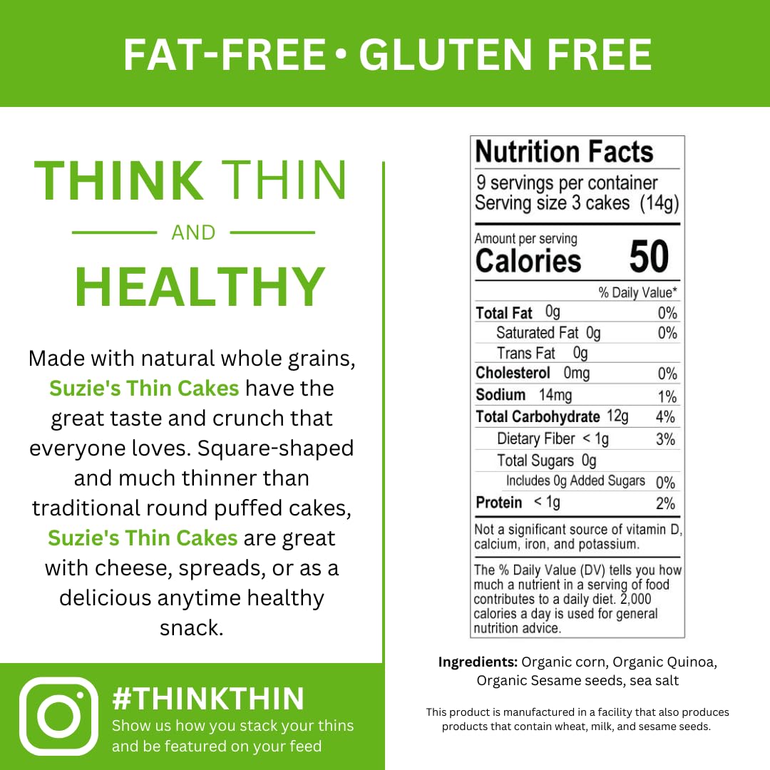 Suzie'S Organic Rice Cakes Thins|6 Pack|Corn Quinoa & Sesame|Usda Organic, Non-Gmo, Fat-Free, Sugar-Free, Gluten-Free|Low-Calori