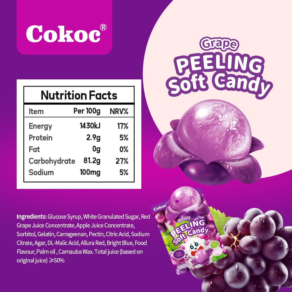 Cokoc Peelable Gummies Grape,Peeling Gummies Grape Candy,Individual Packaging 2.64Oz Bag Fruit Peelable Candy(Pack Of 3)