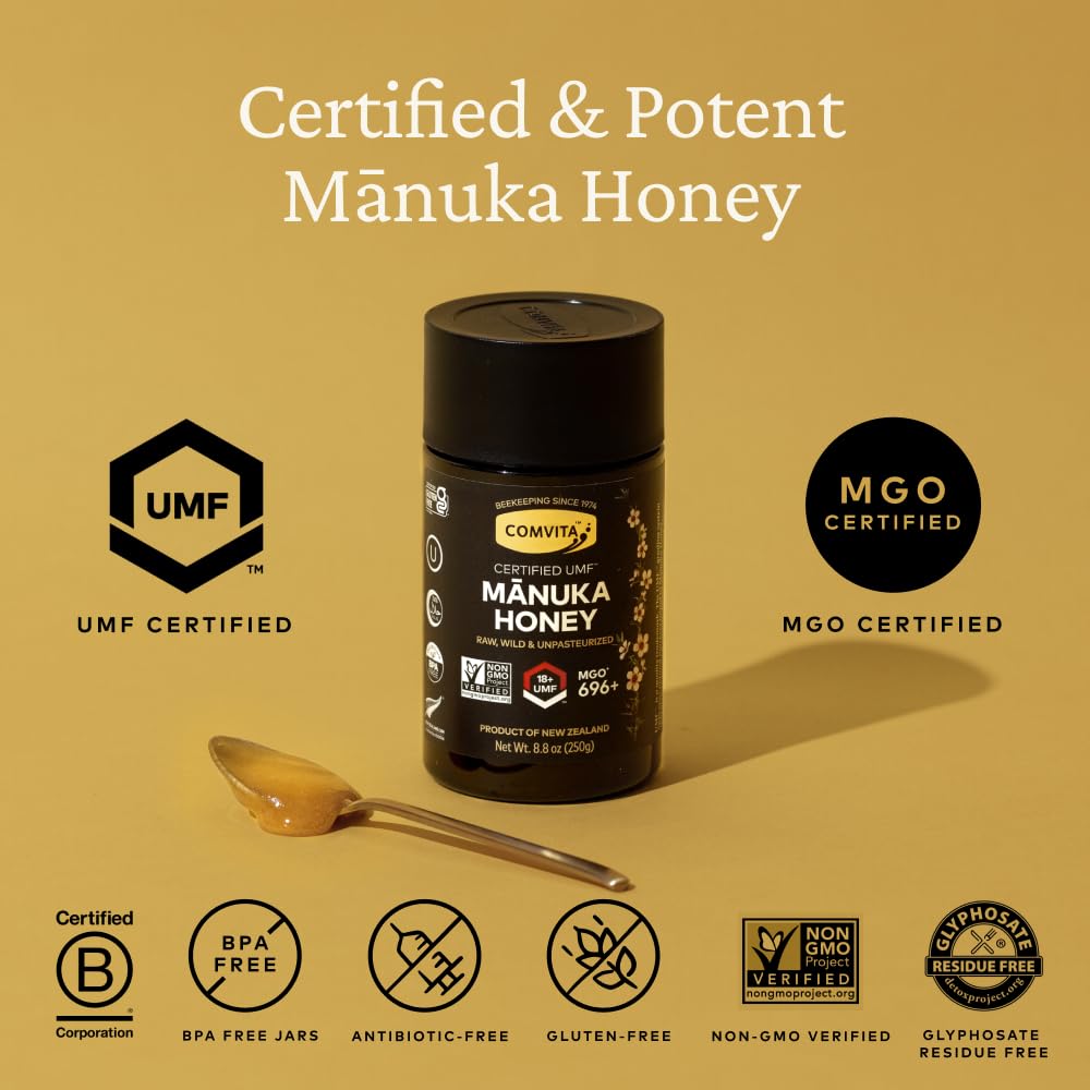 Comvita Manuka Honey (Umf 18+, Mgo 696+) New Zealands 1 Manuka Brand Superfood For Gut & Immune Support Raw, Wild, Non-Gmo 8.8 O