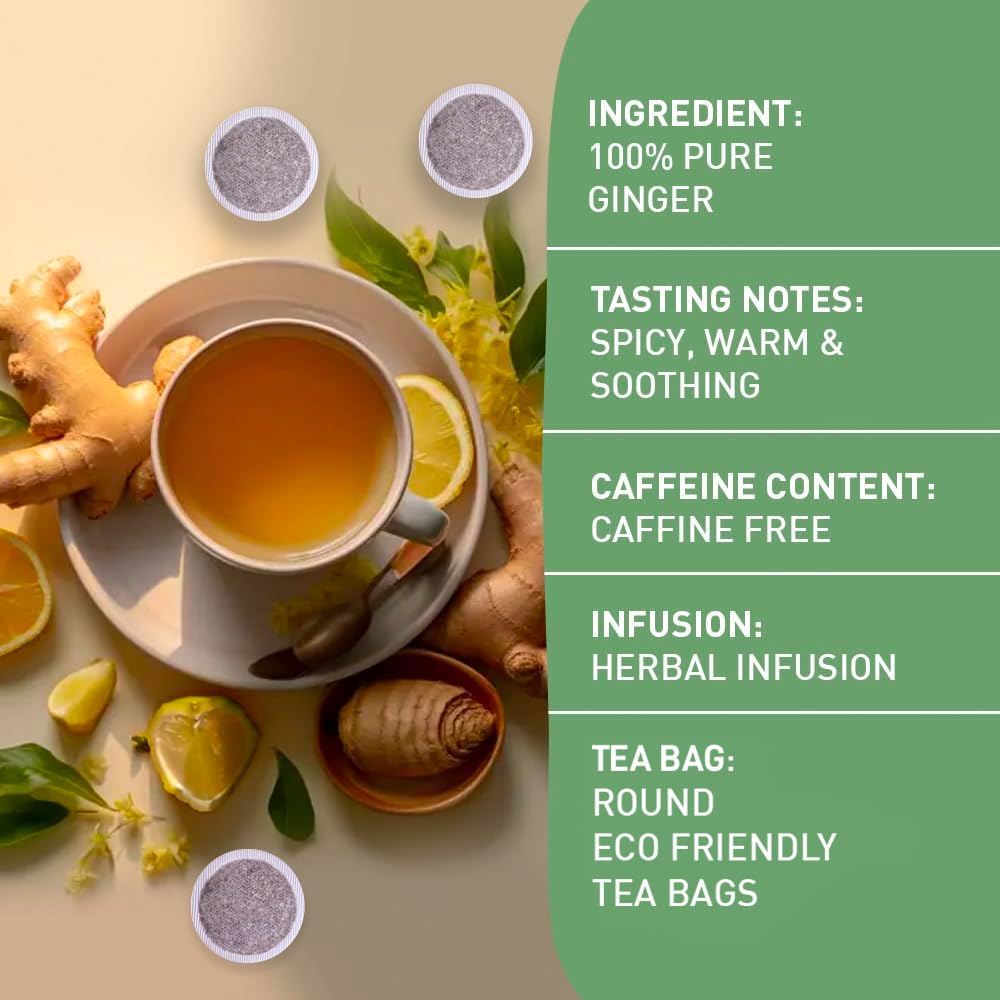 HANDPICK Ginger Tea Bags - 100 Herbal Teabags, Authentic Indian, Caffeine Free, Eco-Conscious, Soothing & Spicy Blend