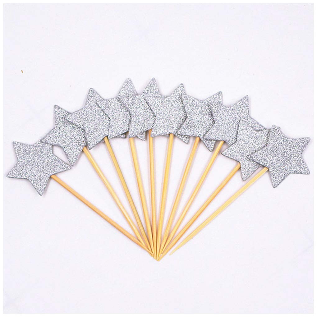 Flairs New York Party Props Decorations Cupcake Toppers (Silver Glitter Mini Stars, Pack Of 10 Cupcake Toppers)
