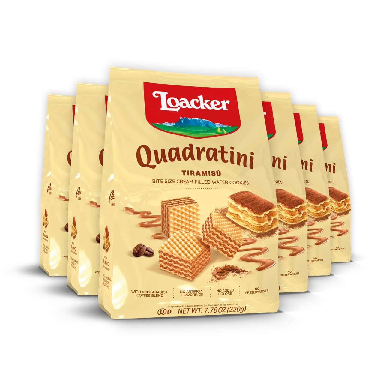Loacker Quadratini Tiramisu Wafer Cookies - 30% Less Sugar - 7.76 Ounce (Pack of 6) - Non-GMO