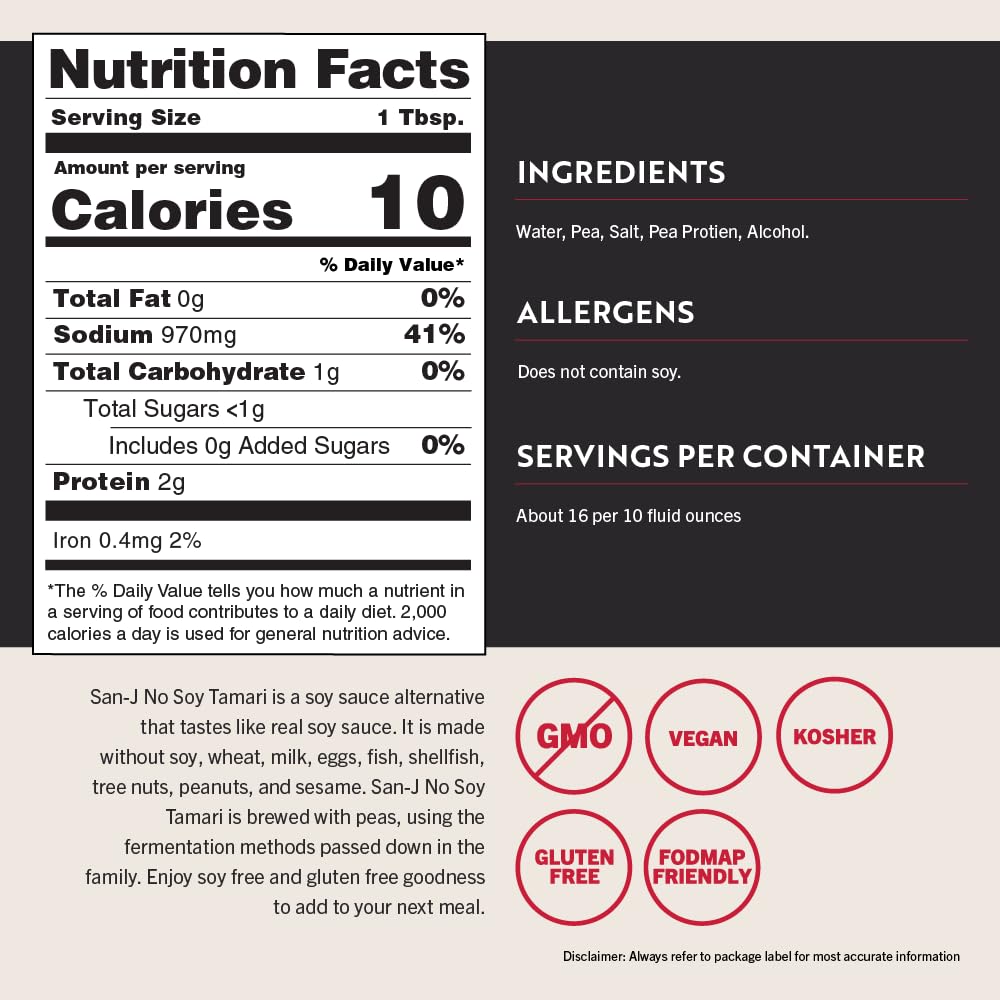San-J No Soy Tamari Soy Sauce Alternative, 10 Fl Oz Bottle