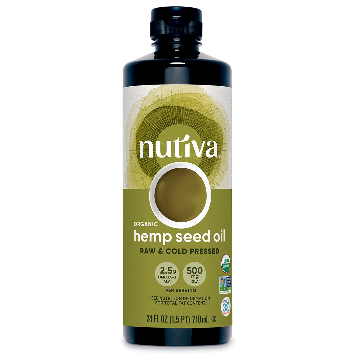 Nutiva Organic Cold-Pressed Unrefined Raw Hemp Seed Oil, 24 Ounce, USDA Organic, Non-GMO, Whole 30 Approved, Vegan, Gluten-Free 