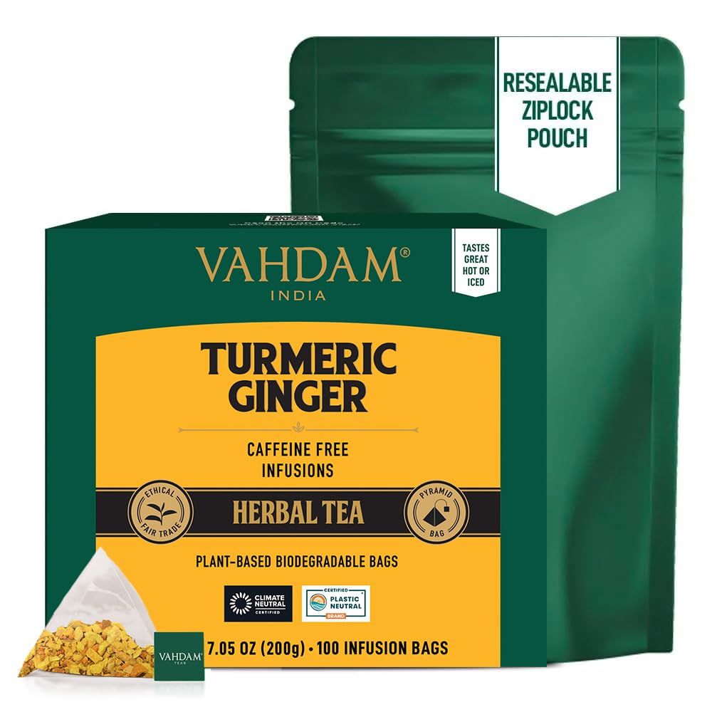VAHDAM Organic Turmeric Ginger Herbal Tea Bags - 100 Count, Caffeine Free, Non-GMO, Savory & Spicy, Plant-Based Teabags