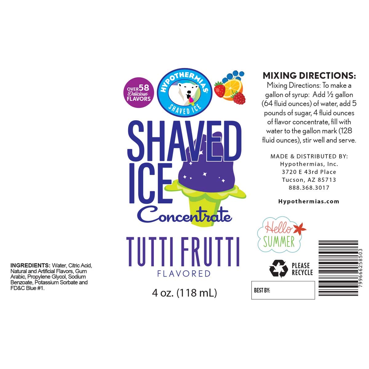 Hypothermias Shaved Ice And Snow Cone Syrup Unsweetened Flavor Concentrate - 4 Fl Oz - Makes 1 Gallon Of Ready To Use Syrup - Tu