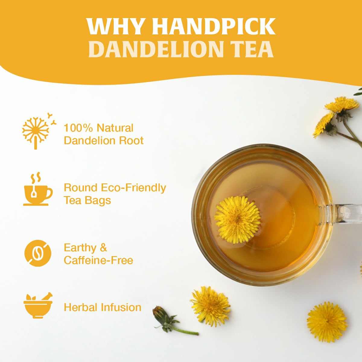 HANDPICK Dandelion Root Tea Bags - Natural Herbal Tea, Caffeine-Free, 100 Count